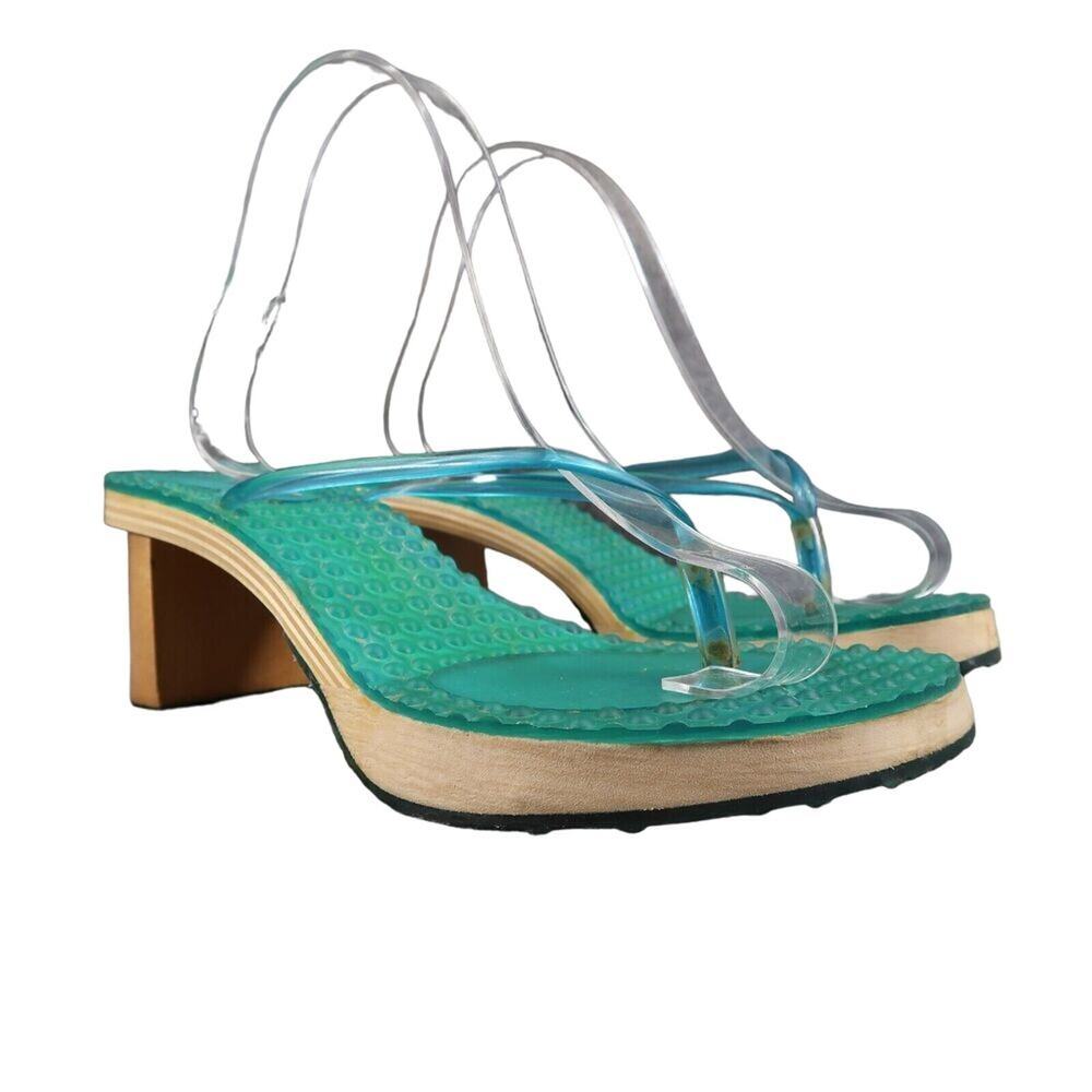 On Your Feet Womens 6.5 Sandals Retro 90's Y2k Block Heel Flip Flop Massage Blue
